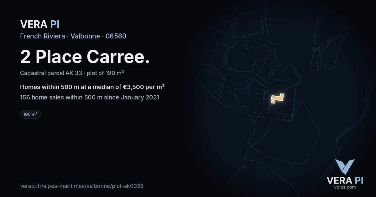 2 Place Carree, Valbonne at night – the plot lit, the parcels around coloured by the prices near them