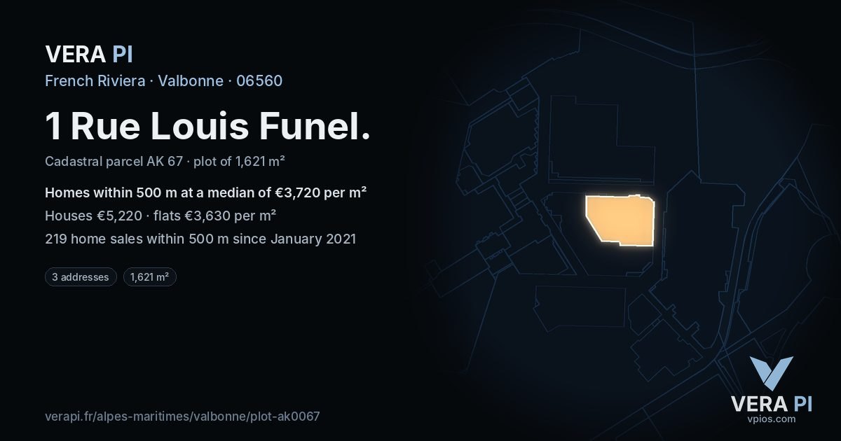 1 Rue Louis Funel, Valbonne at night – the plot lit, the parcels around coloured by the prices near them