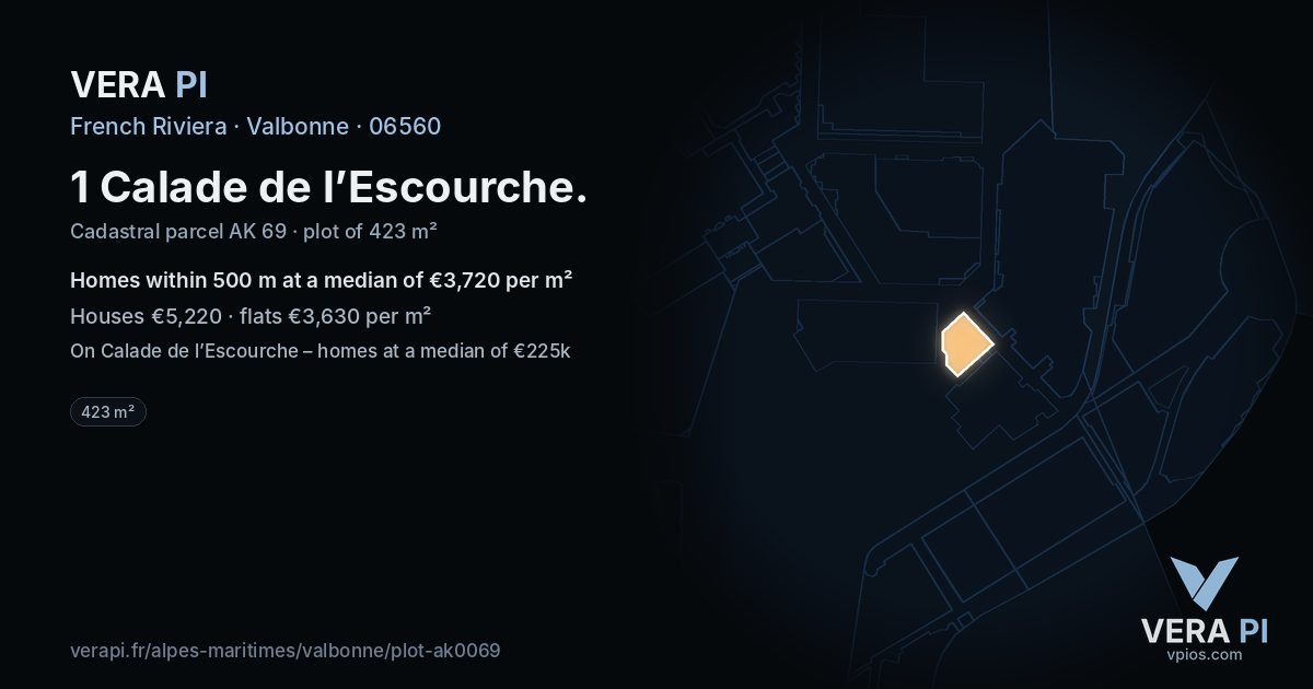 1 Calade de l’Escourche, Valbonne at night – the plot lit, the parcels around coloured by the prices near them