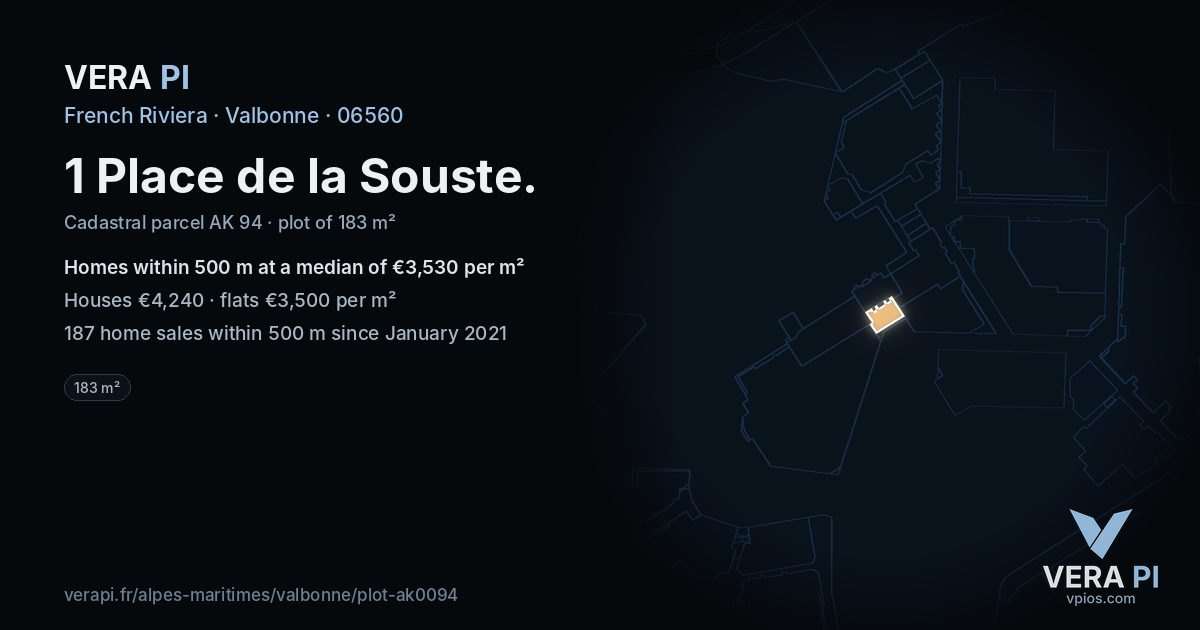 1 Place de la Souste, Valbonne at night – the plot lit, the parcels around coloured by the prices near them