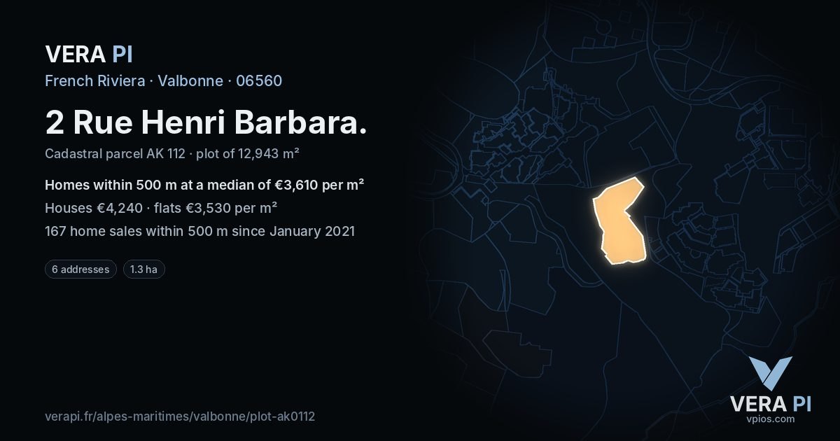 2 Rue Henri Barbara, Valbonne at night – the plot lit, the parcels around coloured by the prices near them
