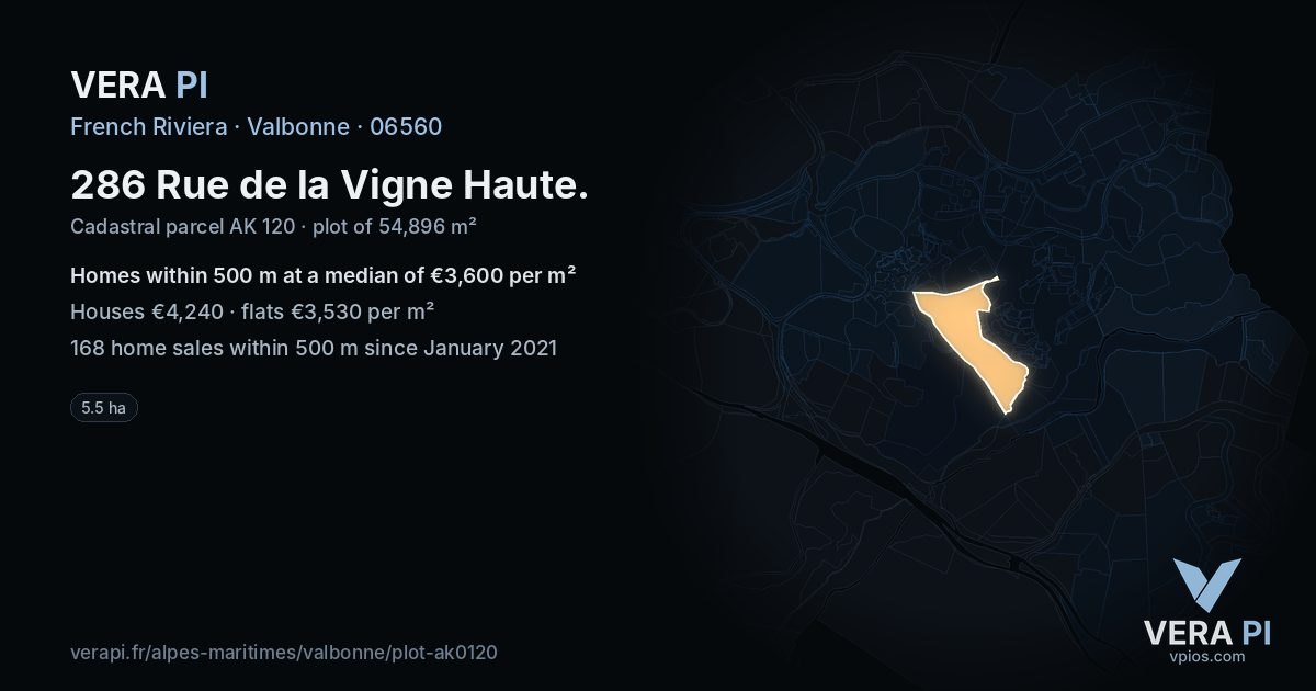286 Rue de la Vigne Haute, Valbonne at night – the plot lit, the parcels around coloured by the prices near them