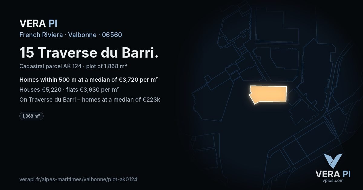 15 Traverse du Barri, Valbonne at night – the plot lit, the parcels around coloured by the prices near them