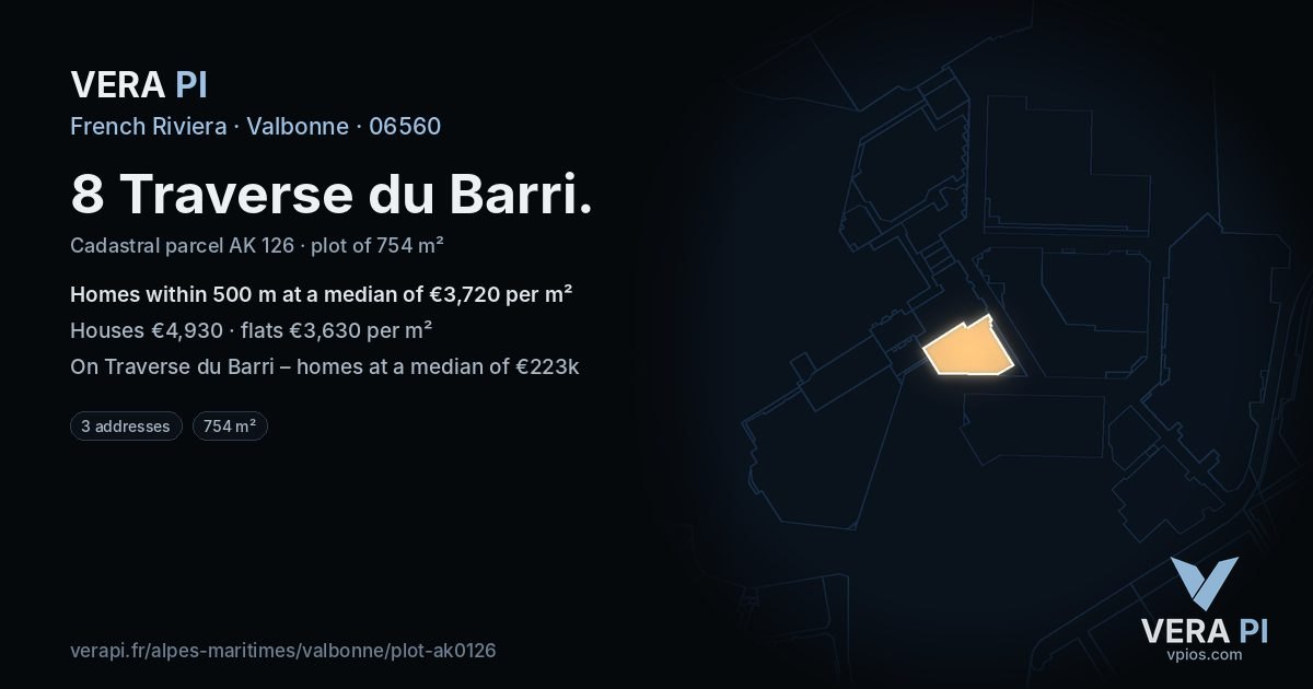 8 Traverse du Barri, Valbonne at night – the plot lit, the parcels around coloured by the prices near them