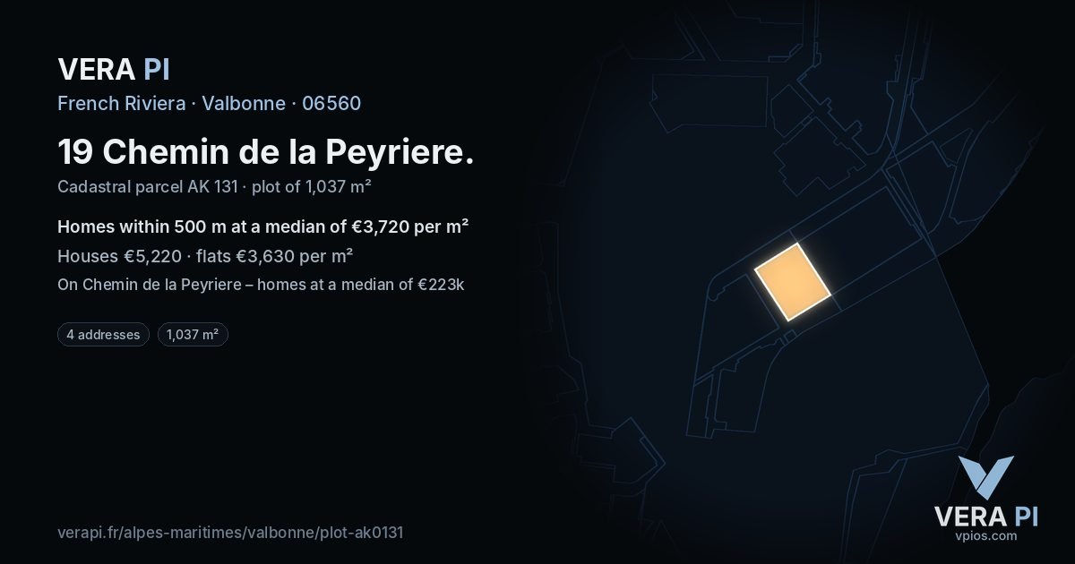 19 Chemin de la Peyriere, Valbonne at night – the plot lit, the parcels around coloured by the prices near them