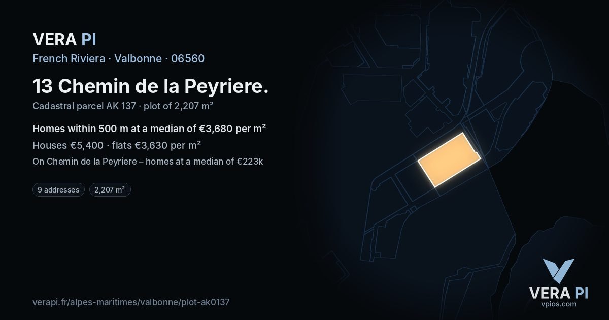 13 Chemin de la Peyriere, Valbonne at night – the plot lit, the parcels around coloured by the prices near them