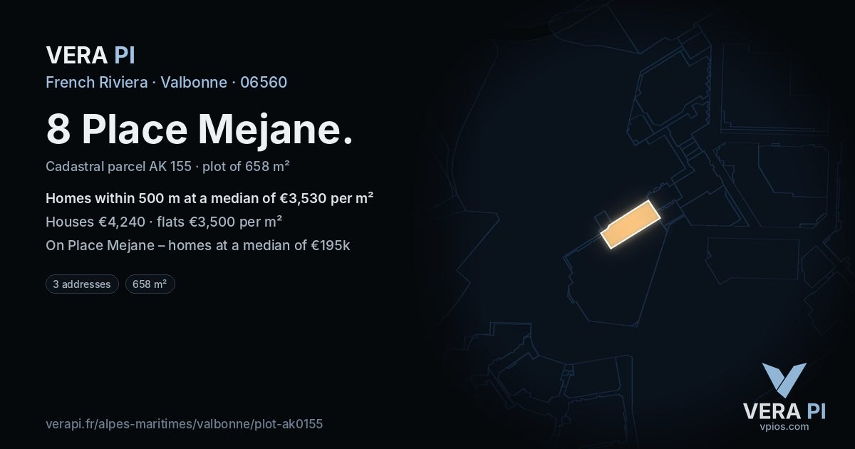 8 Place Mejane, Valbonne at night – the plot lit, the parcels around coloured by the prices near them