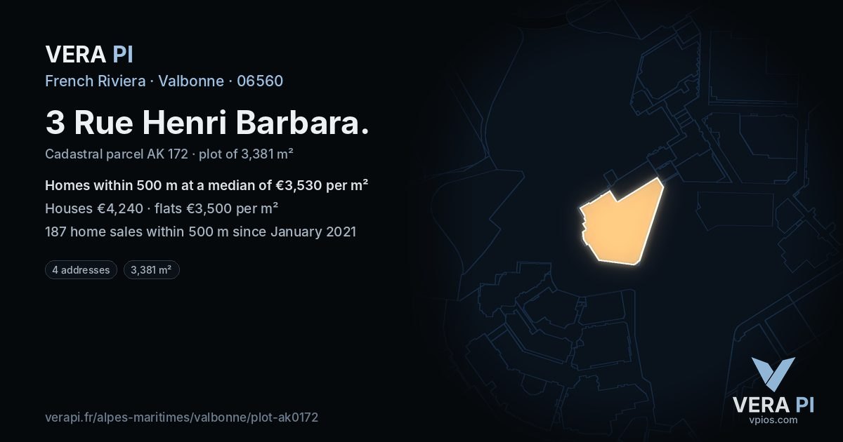 3 Rue Henri Barbara, Valbonne at night – the plot lit, the parcels around coloured by the prices near them