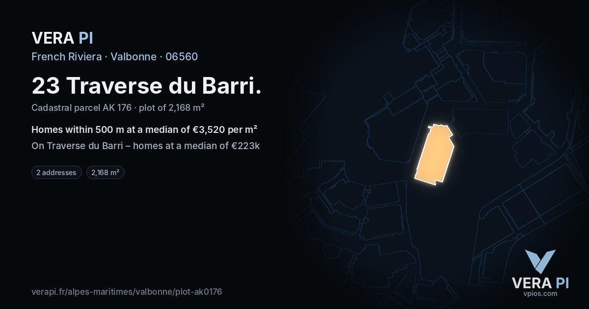 23 Traverse du Barri, Valbonne at night – the plot lit, the parcels around coloured by the prices near them