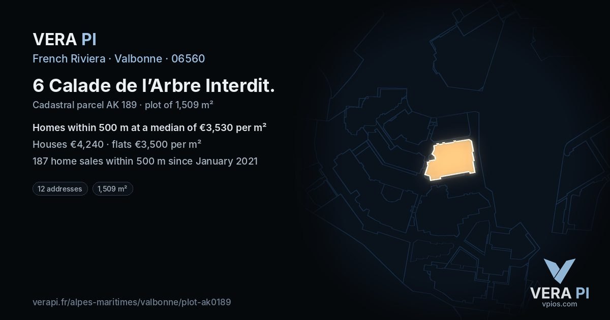 6 Calade de l’Arbre Interdit, Valbonne at night – the plot lit, the parcels around coloured by the prices near them