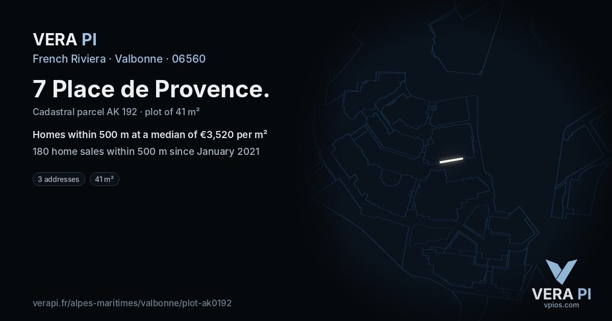 7 Place de Provence, Valbonne at night – the plot lit, the parcels around coloured by the prices near them