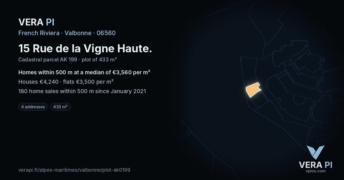 15 Rue de la Vigne Haute, Valbonne at night – the plot lit, the parcels around coloured by the prices near them