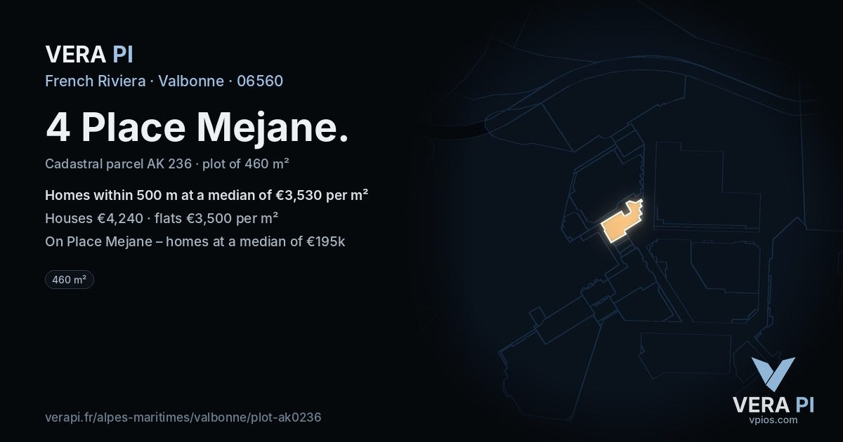 4 Place Mejane, Valbonne at night – the plot lit, the parcels around coloured by the prices near them
