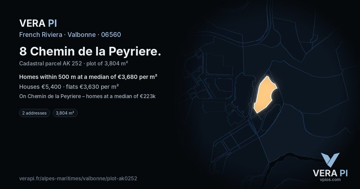 8 Chemin de la Peyriere, Valbonne at night – the plot lit, the parcels around coloured by the prices near them