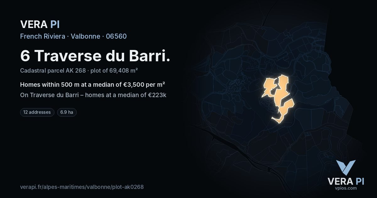 6 Traverse du Barri, Valbonne at night – the plot lit, the parcels around coloured by the prices near them