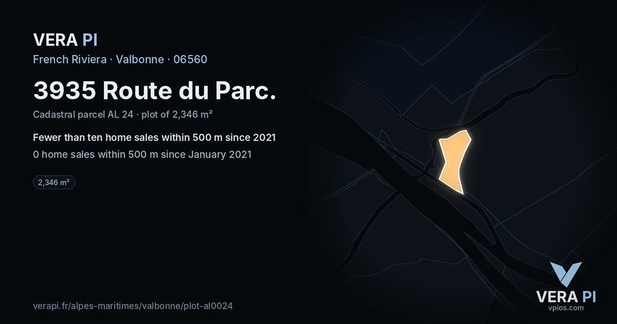 3935 Route du Parc, Valbonne at night – the plot lit, the parcels around coloured by the prices near them