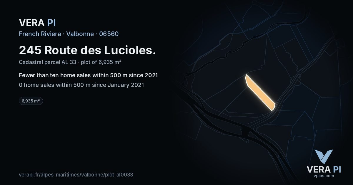 245 Route des Lucioles, Valbonne at night – the plot lit, the parcels around coloured by the prices near them