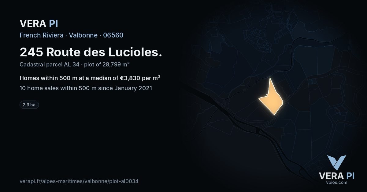 245 Route des Lucioles, Valbonne at night – the plot lit, the parcels around coloured by the prices near them
