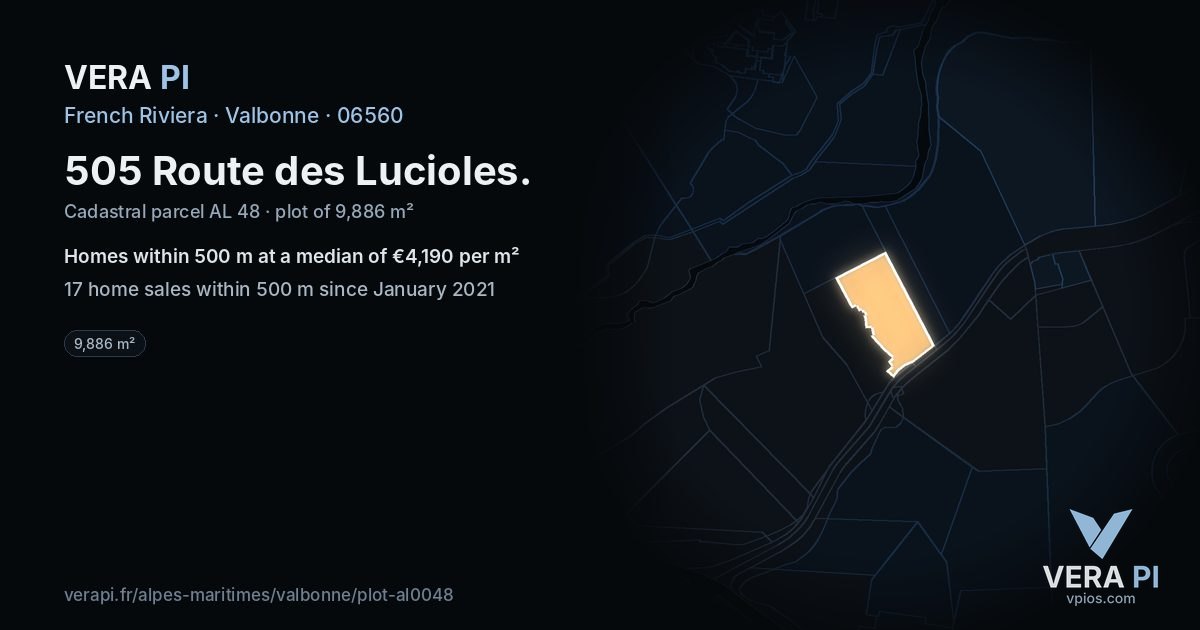 505 Route des Lucioles, Valbonne at night – the plot lit, the parcels around coloured by the prices near them