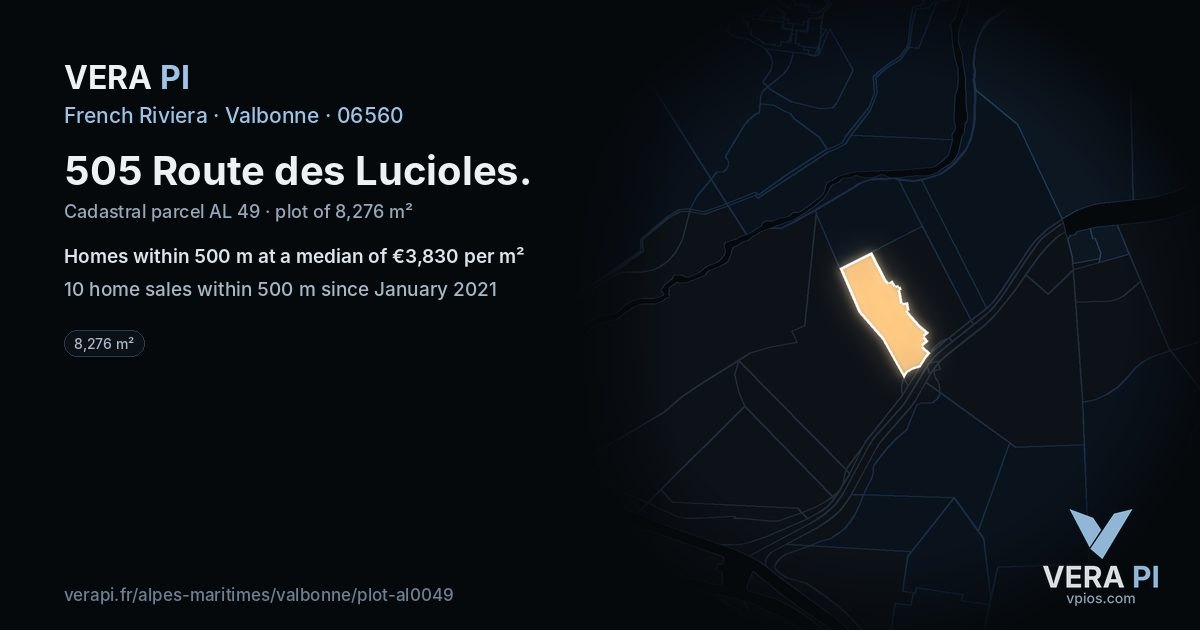 505 Route des Lucioles, Valbonne at night – the plot lit, the parcels around coloured by the prices near them