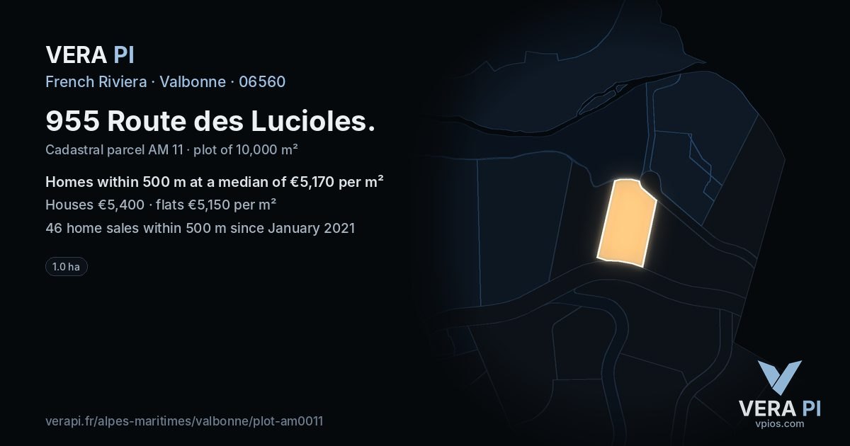 955 Route des Lucioles, Valbonne at night – the plot lit, the parcels around coloured by the prices near them