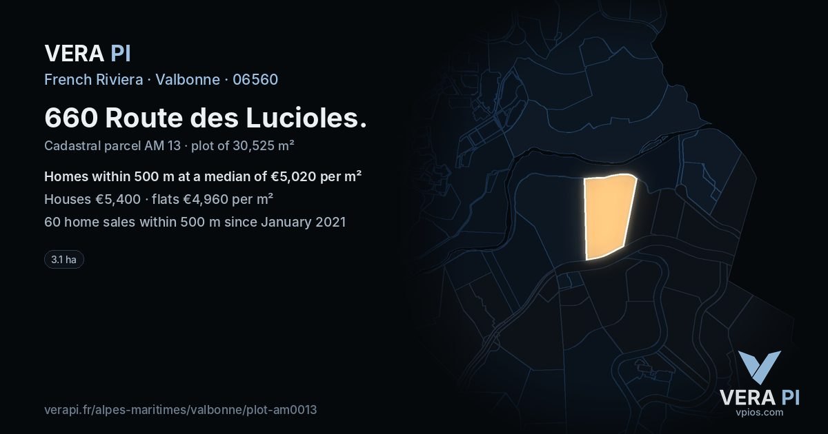 660 Route des Lucioles, Valbonne at night – the plot lit, the parcels around coloured by the prices near them