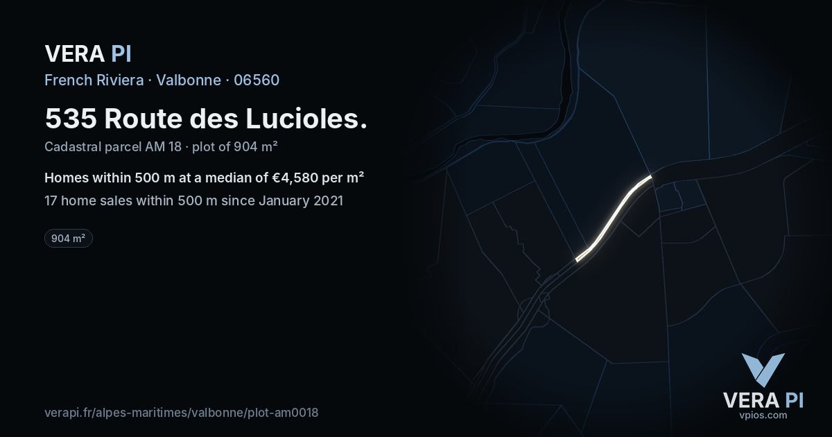 535 Route des Lucioles, Valbonne at night – the plot lit, the parcels around coloured by the prices near them