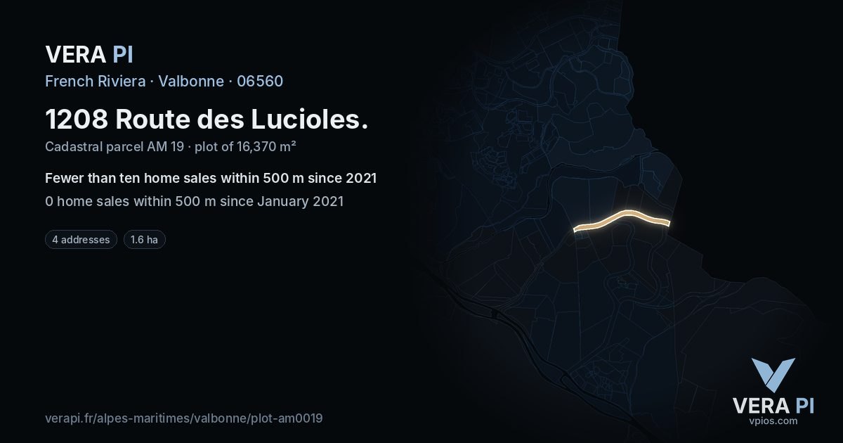 1208 Route des Lucioles, Valbonne at night – the plot lit, the parcels around coloured by the prices near them