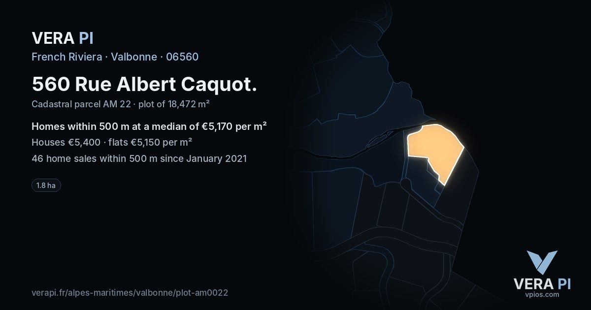 560 Rue Albert Caquot, Valbonne at night – the plot lit, the parcels around coloured by the prices near them