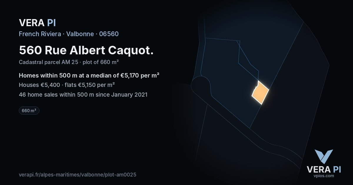 560 Rue Albert Caquot, Valbonne at night – the plot lit, the parcels around coloured by the prices near them