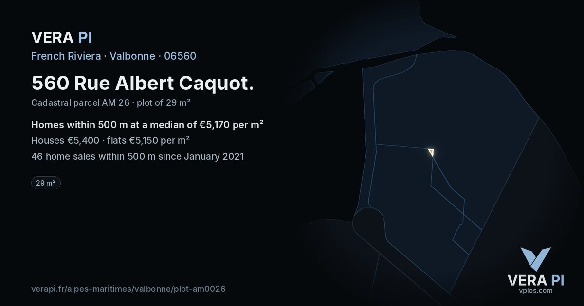 560 Rue Albert Caquot, Valbonne at night – the plot lit, the parcels around coloured by the prices near them
