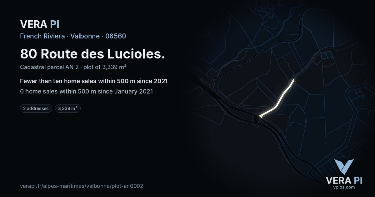 80 Route des Lucioles, Valbonne at night – the plot lit, the parcels around coloured by the prices near them