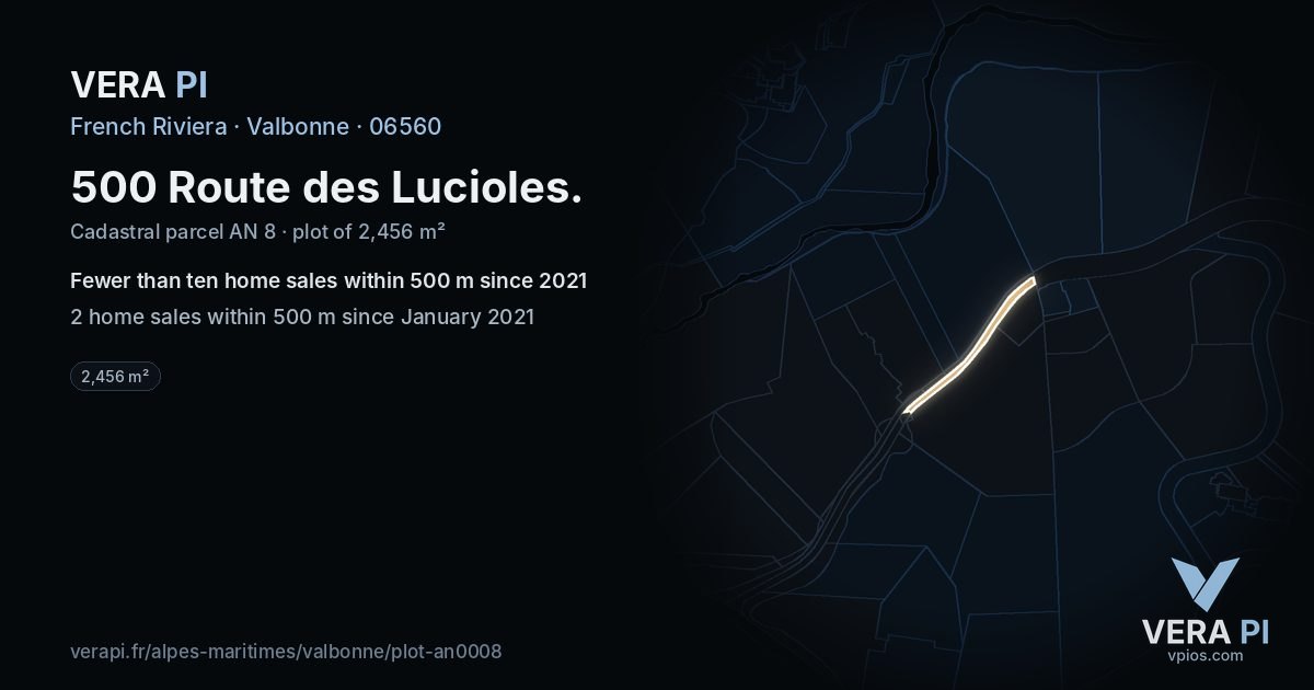 500 Route des Lucioles, Valbonne at night – the plot lit, the parcels around coloured by the prices near them