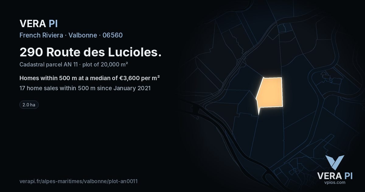 290 Route des Lucioles, Valbonne at night – the plot lit, the parcels around coloured by the prices near them