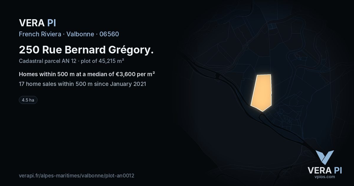 250 Rue Bernard Grégory, Valbonne at night – the plot lit, the parcels around coloured by the prices near them