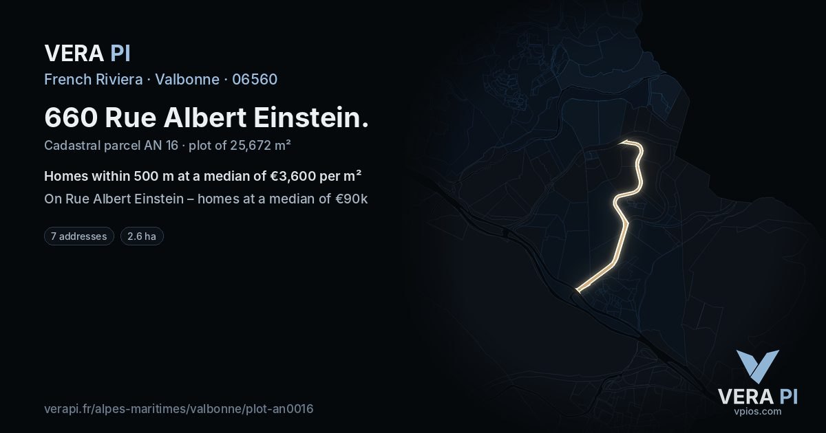 660 Rue Albert Einstein, Valbonne at night – the plot lit, the parcels around coloured by the prices near them