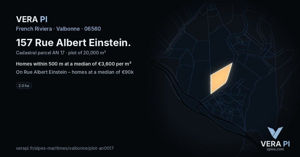 157 Rue Albert Einstein, Valbonne at night – the plot lit, the parcels around coloured by the prices near them