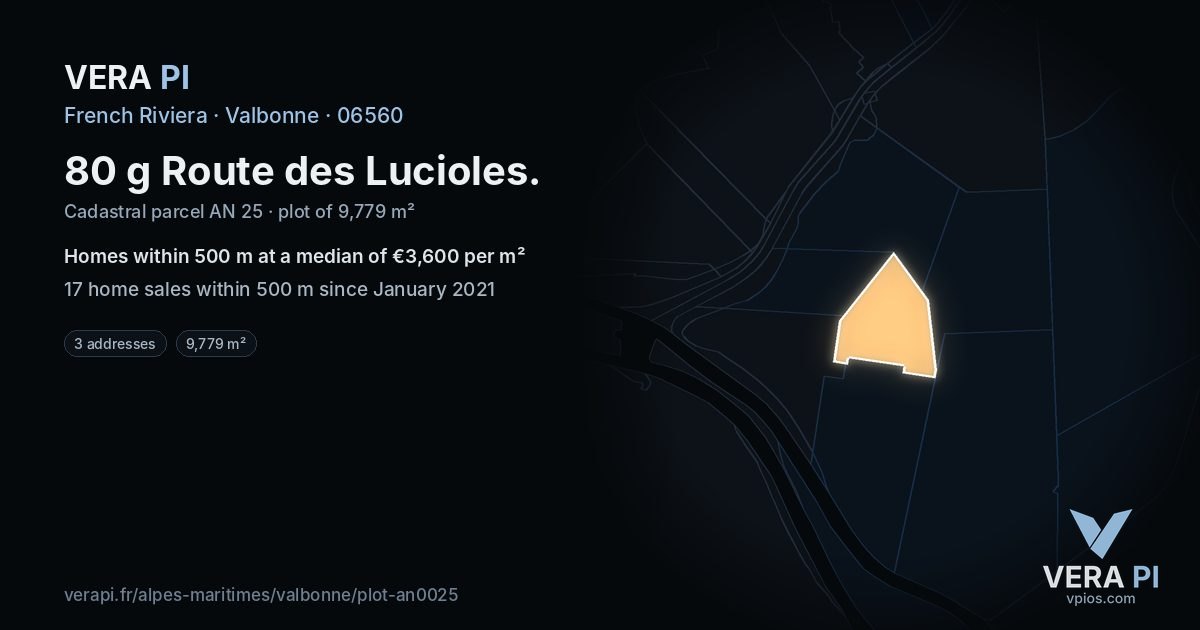 80 g Route des Lucioles, Valbonne at night – the plot lit, the parcels around coloured by the prices near them