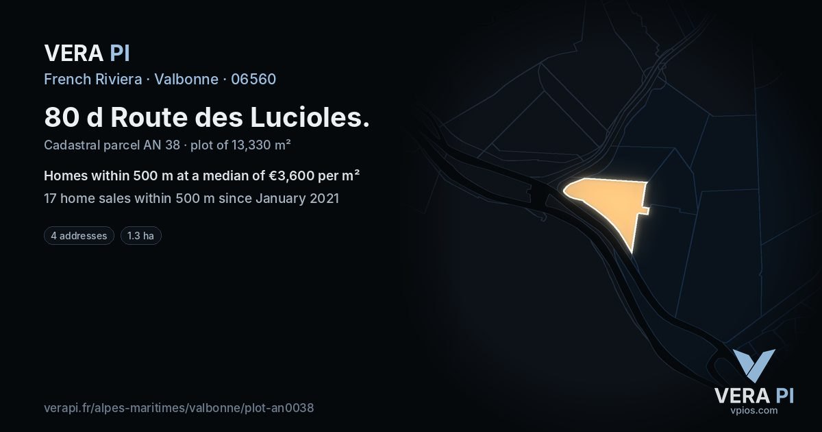 80 d Route des Lucioles, Valbonne at night – the plot lit, the parcels around coloured by the prices near them