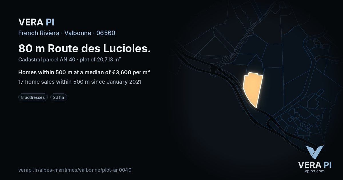 80 m Route des Lucioles, Valbonne at night – the plot lit, the parcels around coloured by the prices near them
