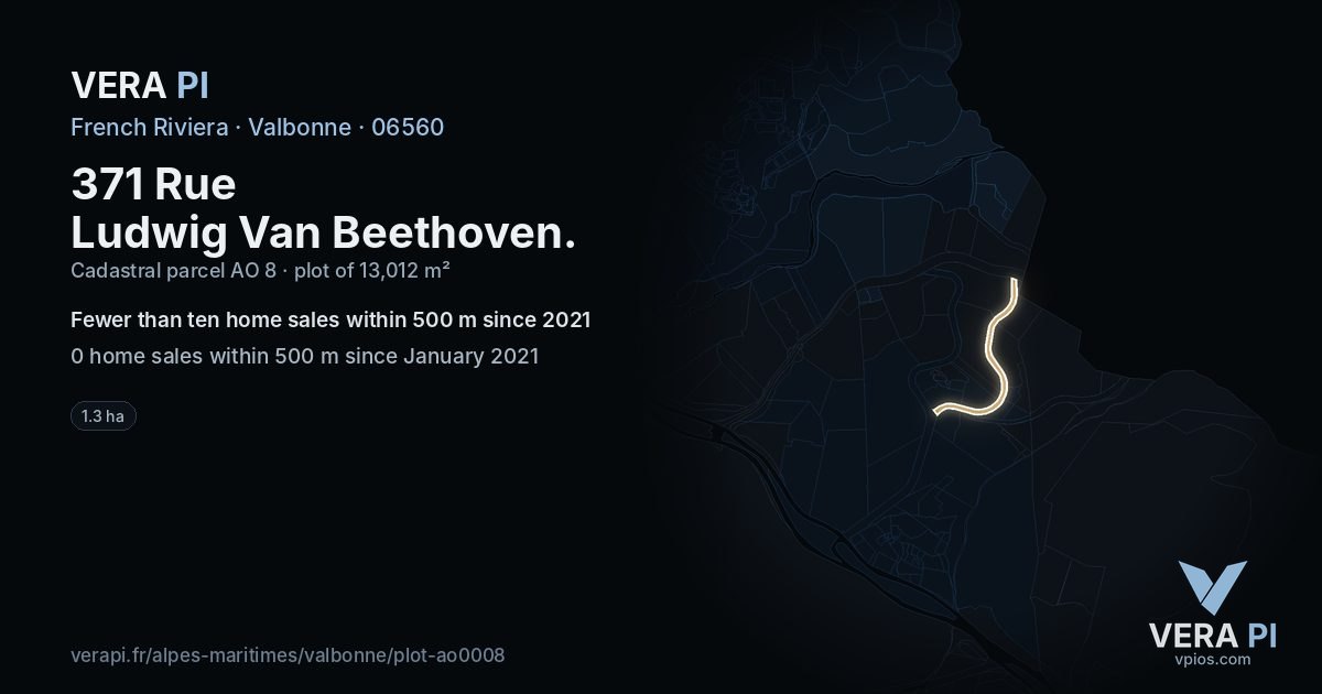 371 Rue Ludwig Van Beethoven, Valbonne at night – the plot lit, the parcels around coloured by the prices near them