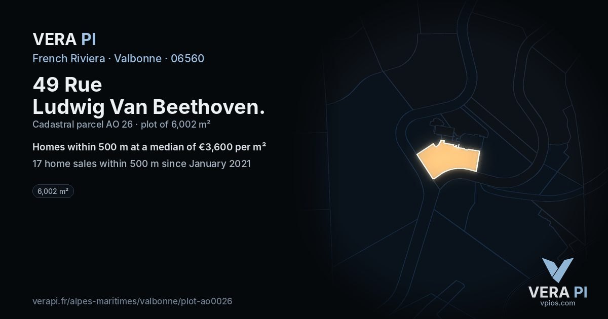 49 Rue Ludwig Van Beethoven, Valbonne at night – the plot lit, the parcels around coloured by the prices near them