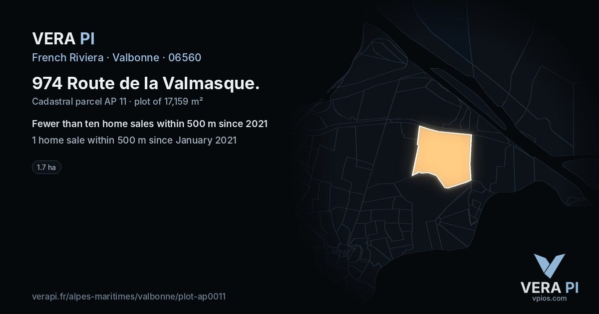 974 Route de la Valmasque, Valbonne at night – the plot lit, the parcels around coloured by the prices near them