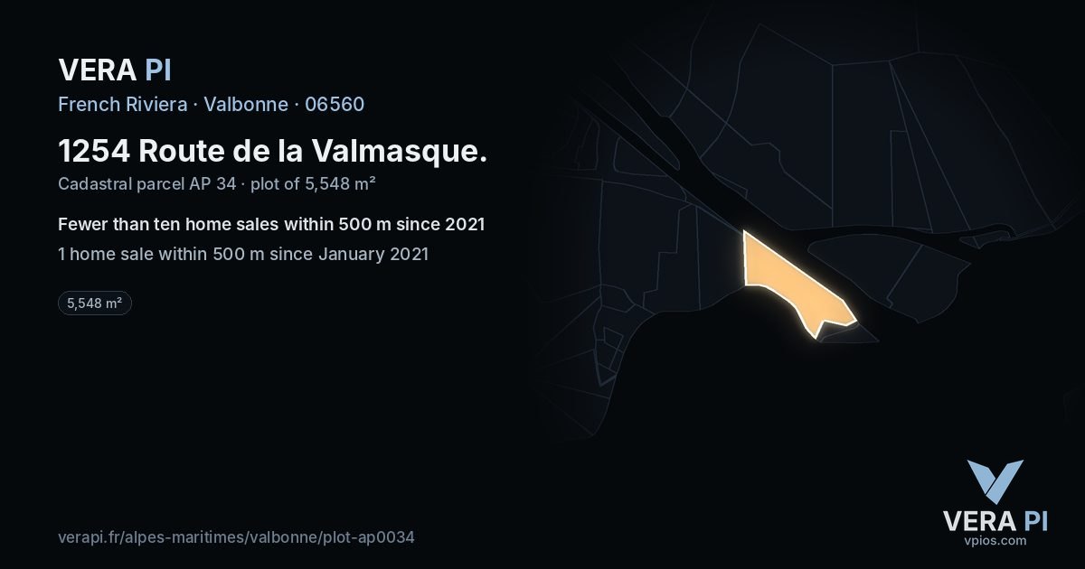 1254 Route de la Valmasque, Valbonne at night – the plot lit, the parcels around coloured by the prices near them