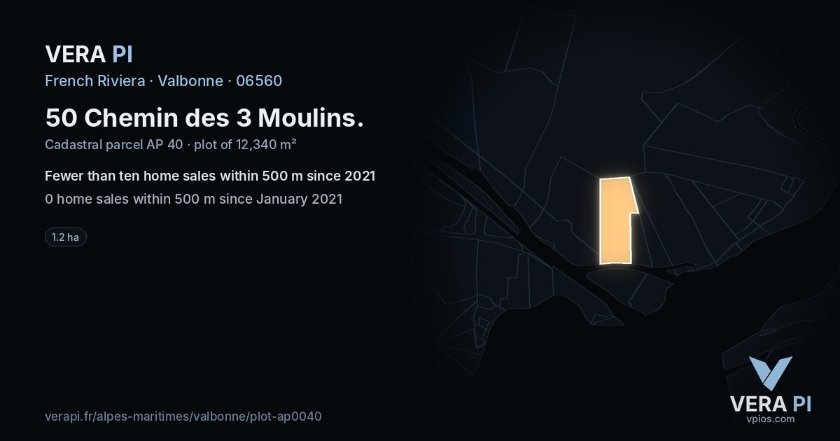 50 Chemin des 3 Moulins, Valbonne at night – the plot lit, the parcels around coloured by the prices near them