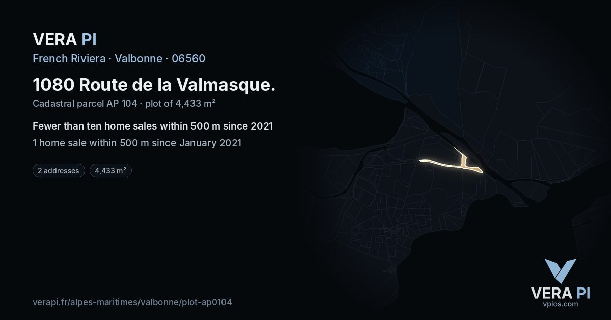 1080 Route de la Valmasque, Valbonne at night – the plot lit, the parcels around coloured by the prices near them