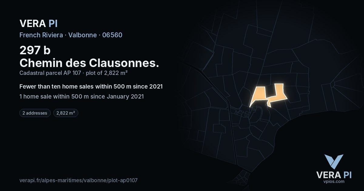 297 b Chemin des Clausonnes, Valbonne at night – the plot lit, the parcels around coloured by the prices near them