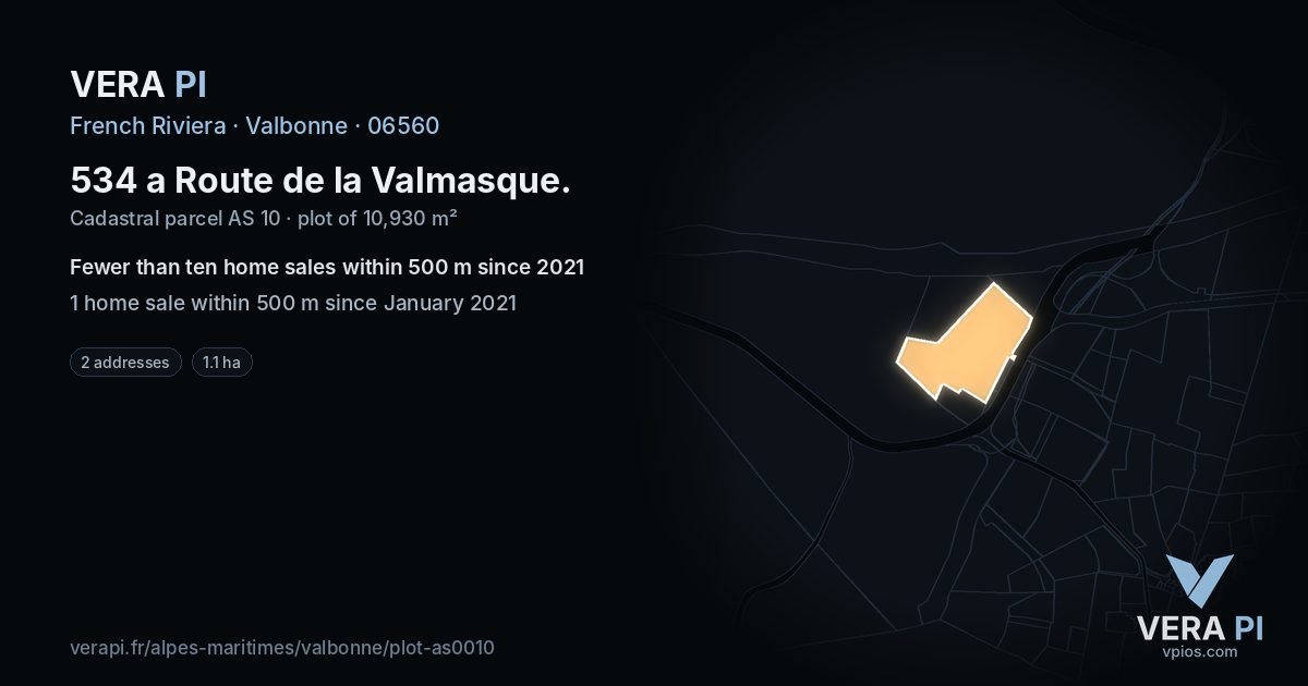 534 a Route de la Valmasque, Valbonne at night – the plot lit, the parcels around coloured by the prices near them