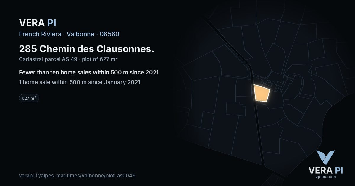 285 Chemin des Clausonnes, Valbonne at night – the plot lit, the parcels around coloured by the prices near them