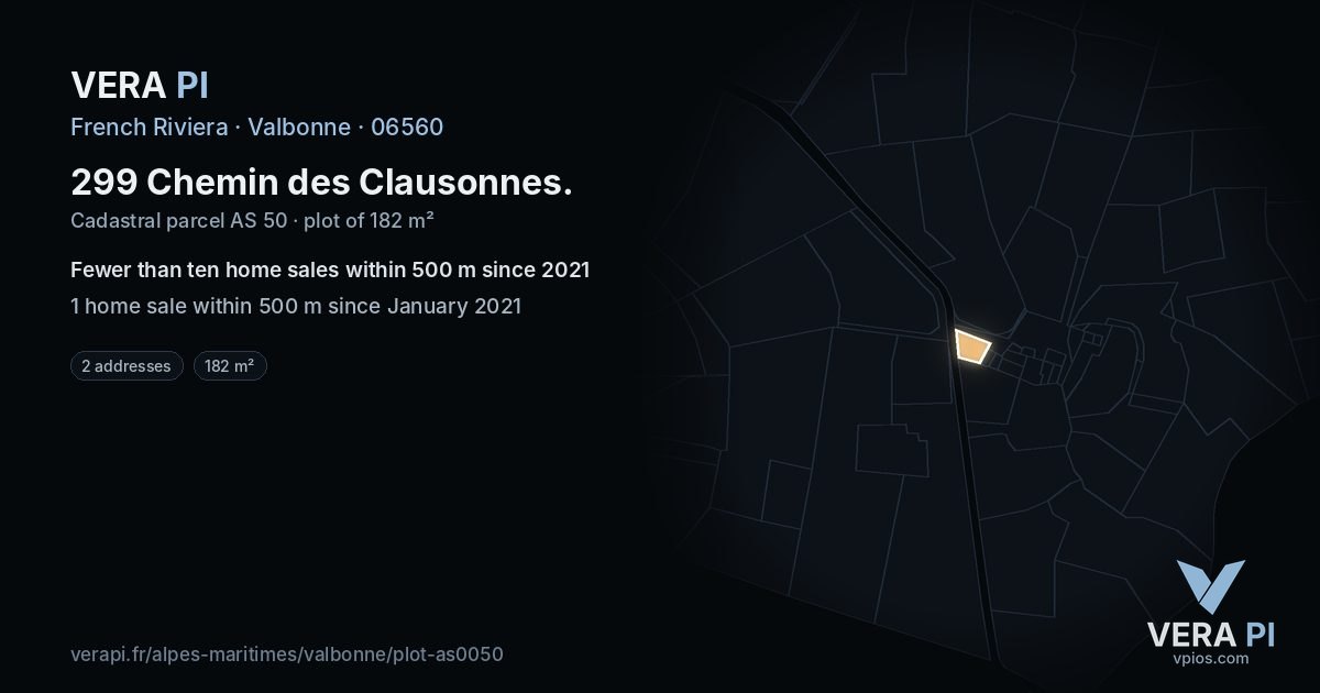 299 Chemin des Clausonnes, Valbonne at night – the plot lit, the parcels around coloured by the prices near them